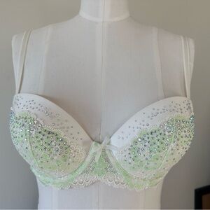 Victoria's Secret White and Green Embellished Rhinestone Lace Bra
